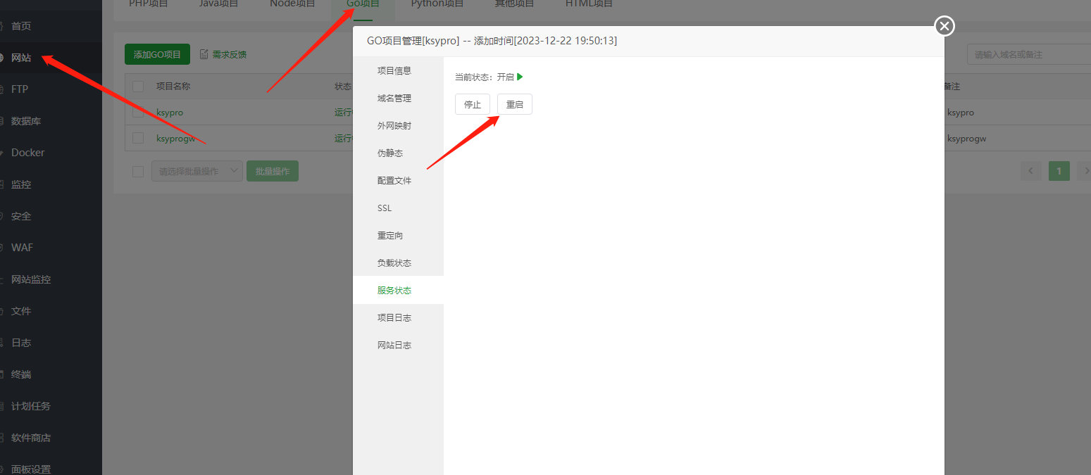 宝塔重启项目图示